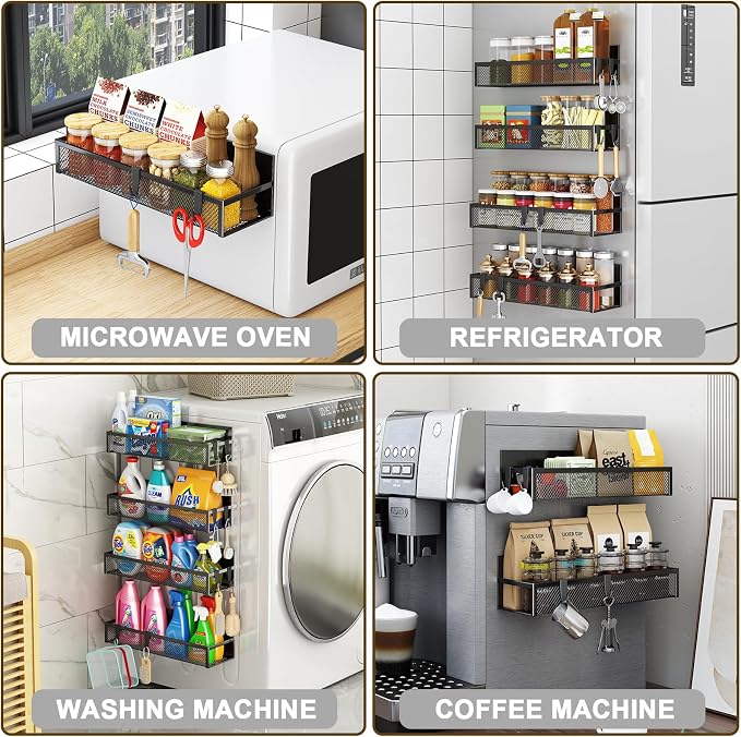 Aufworld Magnetic Spice Rack for Refrigerator, 4 Pack Magnetic Shelf, Fridge Magnet Organizer with Moveable 8 Hooks, Magnetic Fridge Shelf for Kitchen Organization and Storage (4 Pack)