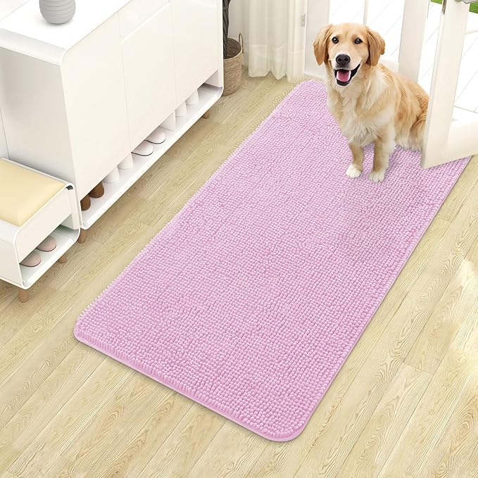 OLANLY Dog Door Mat for Muddy Paws 40x24, Absorbs Moisture and Dirt, Absorbent Non-Slip Washable Doormat, Quick Dry Chenille Mud Mat for Dogs, Entry Indoor Entryway Carpet for Inside Floor, Pink