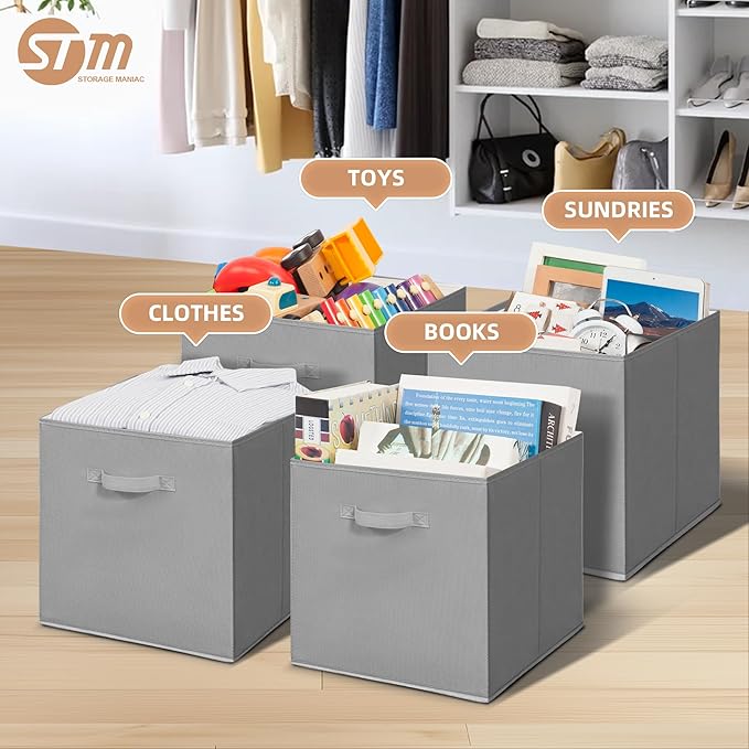 STORAGE MANIAC Storage Cubes, 13 Inch Collapsible Storage Bins with Handles, 8 Pack Fabric Foldable Bins for Organization, Durable Storage Bins for Closet, Shelves, Offices, 8-Pack Grey