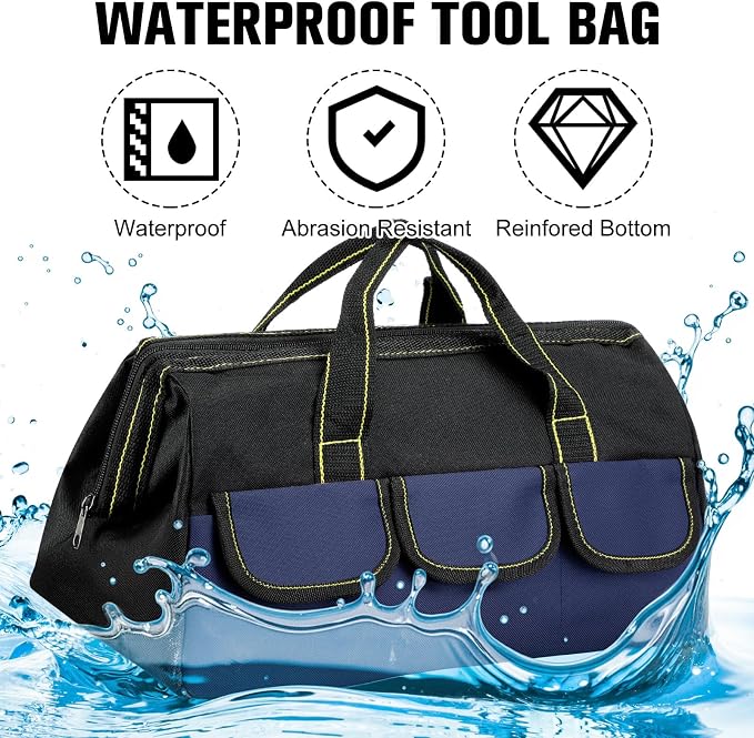 Sanwuta 3 Pack Tool Bag for Men with Waterproof Hard Bottom, Heavy Duty Tool Bag Wide Mouth Tote for Various Instrument, Electrician Carpenter Mechanic(Black Red, Blue, Yellow,16 Inch,Classic)