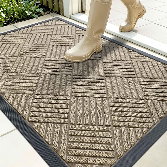 OLANLY Front Door Mat Outside Entrance 35x23, Absorbent, Heavy Duty Sturdy Natural Rubber Doormat Indoor Outdoor, Stain and Fade Resistant, Non-Slip Low Profile Floor Mat for Entryway, Beige Diamond