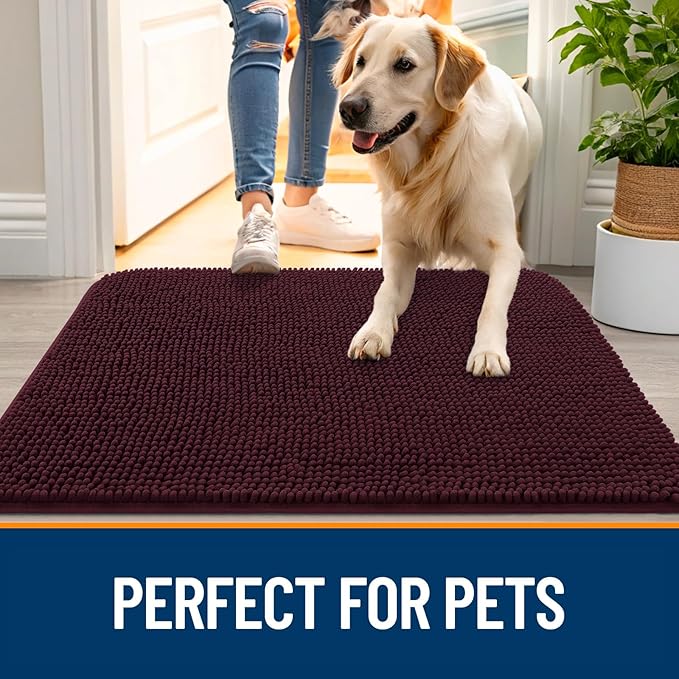 OLANLY Dog Door Mat for Muddy Paws 50x30, Absorbs Moisture and Dirt, Absorbent Non-Slip Washable Doormat, Quick Dry Chenille Mud Mat for Dogs, Entry Indoor Entryway Carpet for Inside Floor, Russet