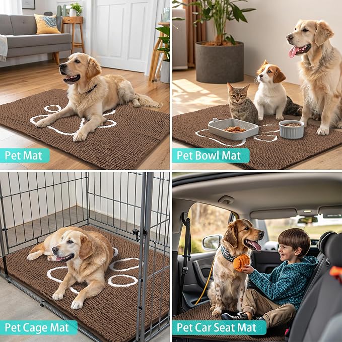 Smiry Dog Door Mat for Muddy Paws, Absorbent Dirt Trapper Non Slip Quick Dry Washable Chenille Mat for Mud Dogs, Entry Rug for Indoor and Outdoor (48x30 Inches, Coffee and White)