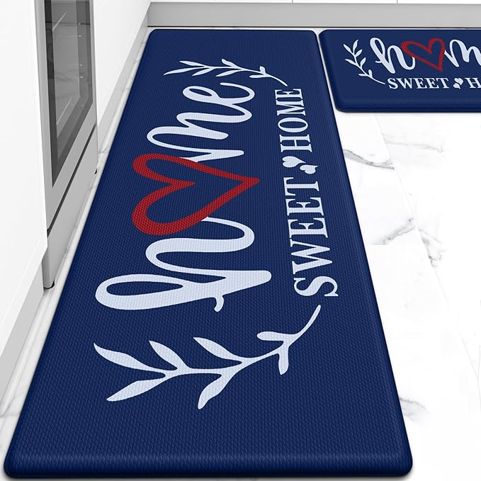 HappyTrends Kitchen Mat for Floor, 2PCS Cushioned Anti-Fatigue Kitchen Rugs, Waterproof Non-Slip Standing Mats and Rugs Set for Kitchen, Office, Laundry, Navy, 17.3"×30"+17.3"×59"