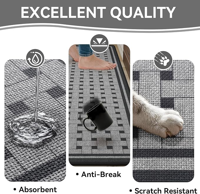 Kitchen Mats for Floor, 17''x30''+17''x47''Kitchen Rugs Set of 2, Washable Absorbent Non Slip Kitchen Mat, Braided Kitchen Runner Rug, Kitchen Sink Rug, Grey