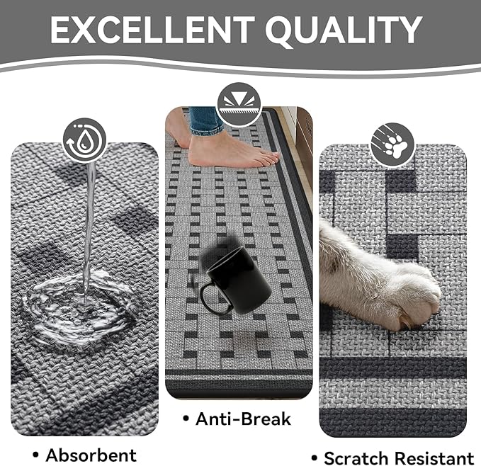 Kitchen Mats for Floor, 17''x59'' Washable Absorbent Non Slip Kitchen Mat, Braided Kitchen Runner Rug, Kitchen Sink Rug, Grey