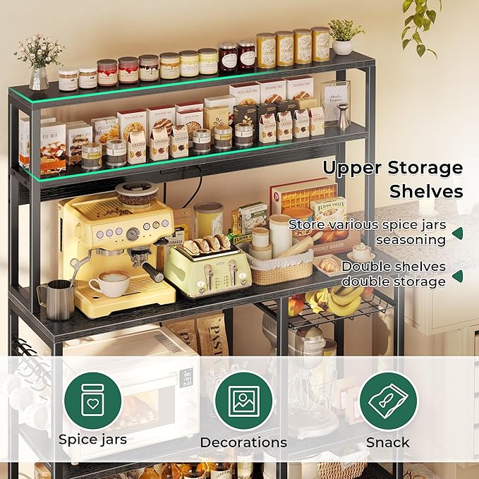 SUPERJARE Bakers Rack with Power Outlet, 47.2 Inches Coffee Bar with 3 Level-Adjustable Open Shelves, Wire Basket, Kitchen Microwave Stand with 6 S-Shaped Hooks, Black