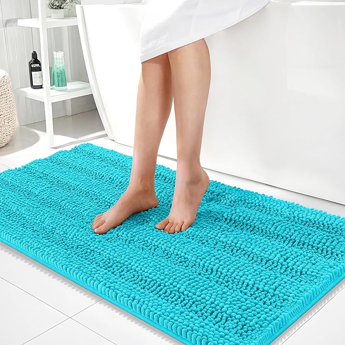 OLANLY Thick Bathroom Runner Rugs 44x24, Extra Absorbent Chenille Striped Bath Rugs, Rubber Backing, Machine Wash Dry, Long Bath Mats for Bathroom, Tub and Shower, Home Decor Accessories, Aqua Sky