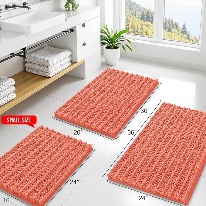 Smiry Bathroom Rugs Mat 36x24, Extra Soft Absorbent Chenille Bath Rugs, Non Slip Rubber Backing Machine Washable Quick Dry Bath Mats for Bathroom Floor, Tub, Shower, Home Decor Accessories, Coral