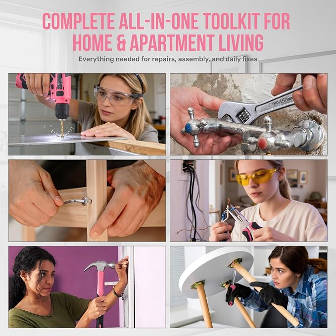 Hi-Spec Pink Tool Set with 8V Drill Set. Complete Cordless & Rechargeable USB Electric Drill Driver Kit for Women, Home DIY Repair & Maintenance, in a Compact Toolbox.
