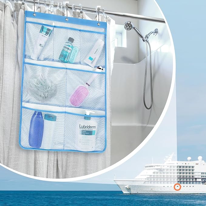 F-color Cruise Essentials 2026 - Mesh Shower Organizer Hanging with 7 Pockets for RV Gym Camping, Quick-Dry Portable Toiletry Bag with Metal Hooks for Bathroom Travel Toiletries, Blue+Blue