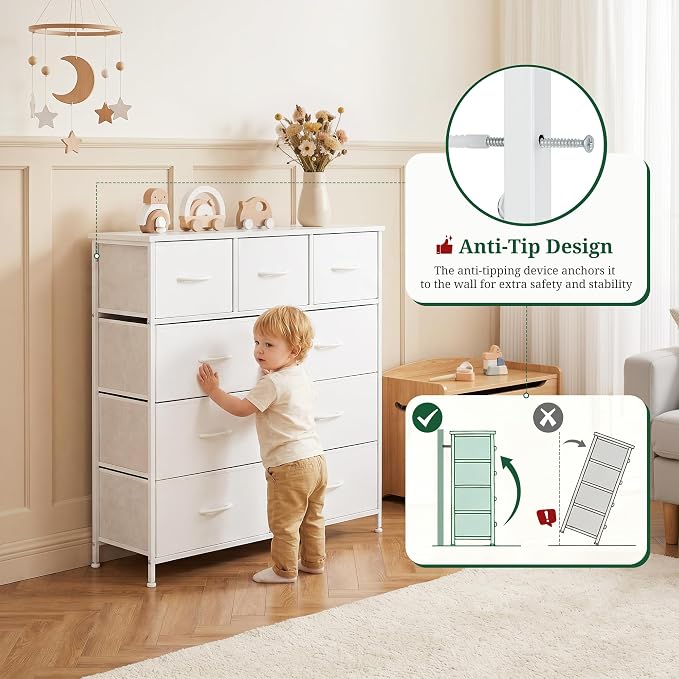 9-Drawer Dresser for Bedroom, Anti-Tip Tall Storage Organizer Chest of Drawers with Wooden Top and Metal Frame Fabric Bins for Closet, Living Room, Hallway, Entryway, Ivory White