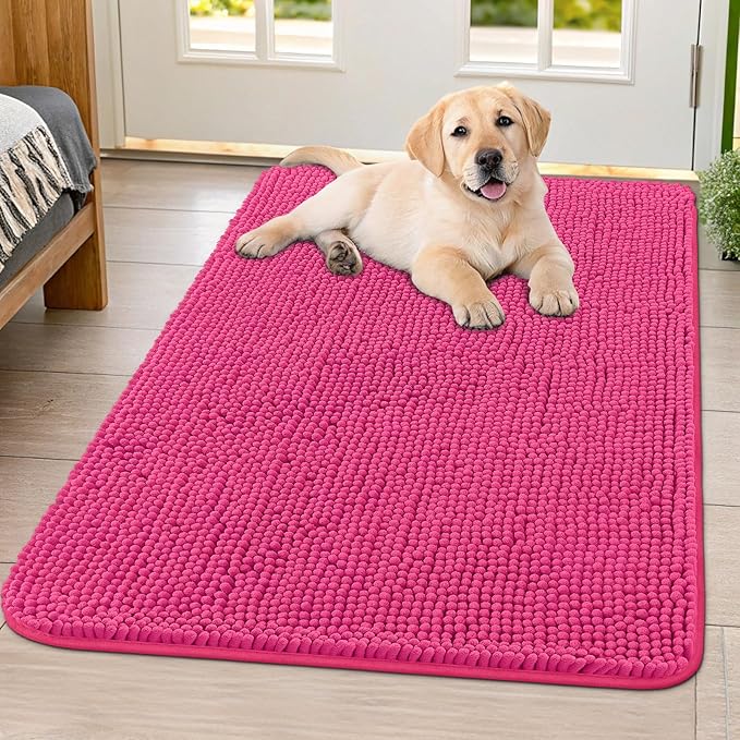 Smiry Dog Door Mat for Muddy Paws 40x32, Absorbent Dirt Trapper, Non-Slip Washable Chenille Entryway Rug for Inside Floor, Hot Pink, Classic Solid
