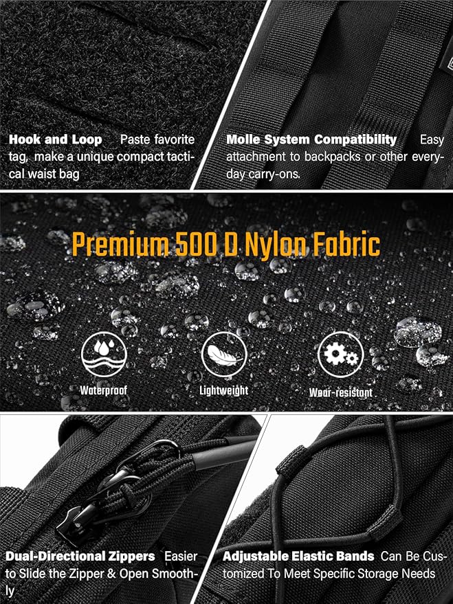 TACTICAL GEEK Block E4.0 EDC Compact Waist Pouch, Utility Pocket Organizer with Elastic Cord, Nylon Dual-Directional Zippers Tool Pouch, Multi-Purpose Small Gadget Organization for Daily Carry(Black)