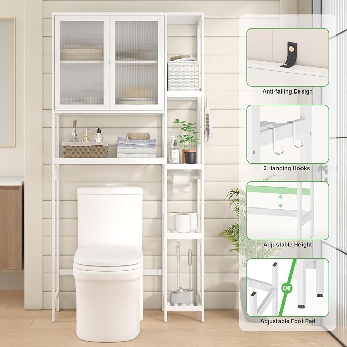 Over the Toilet Storage Cabinet Above Toilet Bathroom Organizer with Toilet Paper Holder Stand Bath Organizer with Adjustable Shelves & Acrylic Doors,Anti-Tip Device (White)