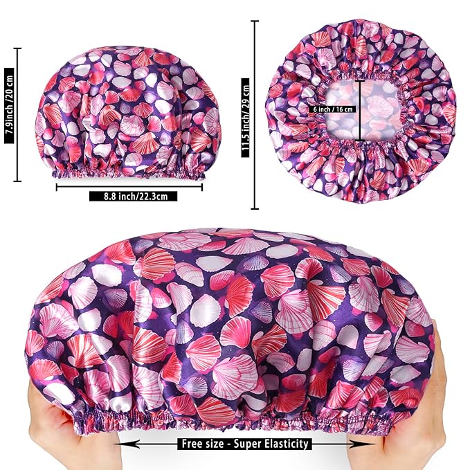 Shower Caps for Women, 4 PCS Elastic and Reusable Bath Caps, Double Layers Shower Cap Reusable Waterproof, Bathing Shower Caps, Environmental Bath Hair Protection Cap - Shell