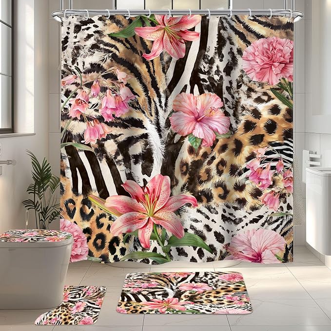 4 PCS Leopard Floral Shower Curtain Set 72Wx72H,Toilet Lid Cover,Non-Slip Rugs and U-Shaped Mat, Zebra Print Flower Bathroom Sets with Rugs Shower Accessories 12 Hooks for Bathroom Decor