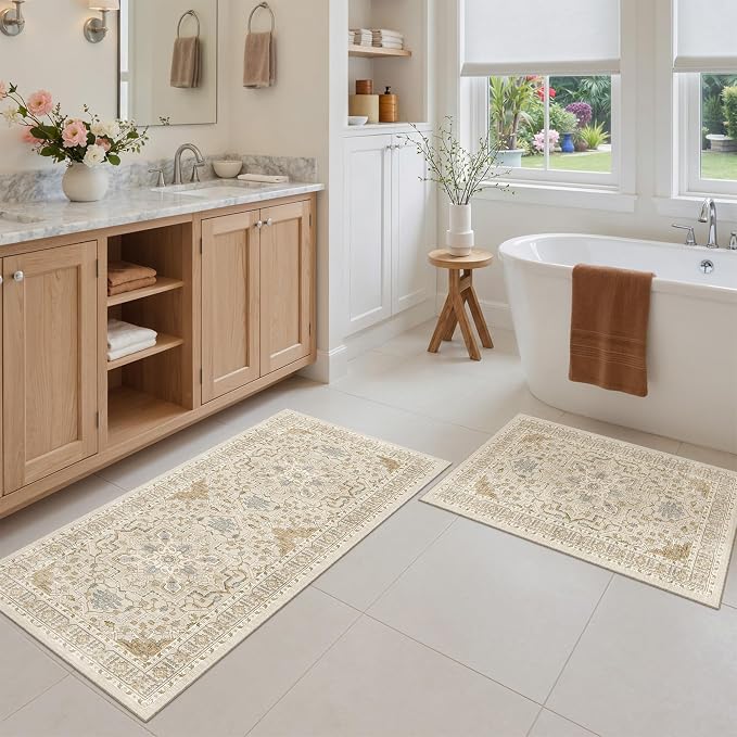 Madane 2-Piece Kitchen Runner Rug Set, Small Area Rug Non-Slip Vintage Door Mat Indoor Entrance, Low Pile Floor Carpet for Inside Front Door Bedroom Entryway Entry Laundry (2x3+2x4, Beige/Blue)