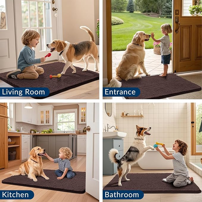 Smiry Dog Door Mat for Muddy Paws 59x32, Absorbent Dirt Trapper, Non-Slip Washable Chenille Entryway Rug for Inside Floor, Brown, Classic Solid