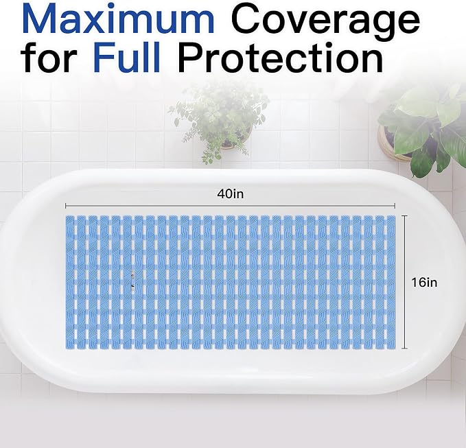 Non Slip Bathtub Mat - Shower Mats for Inside Shower, Rectangular PVC Tub Mat with 200+ Suction Cups for Safety, 40x16 Inch, Pastel Blue