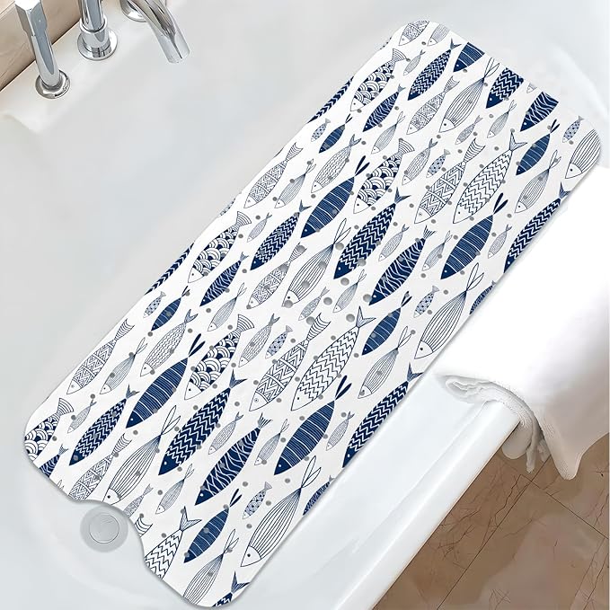 Fish Bathtub Mat Non Slip, Boho Baby Bath Mat for Tub Rubber Tub Mat, Cute Kids Bath Mats for Bathroom Ocean Anti Slip Shower Mat with Suction and Drain Holes Machine Washable, 40″X16″