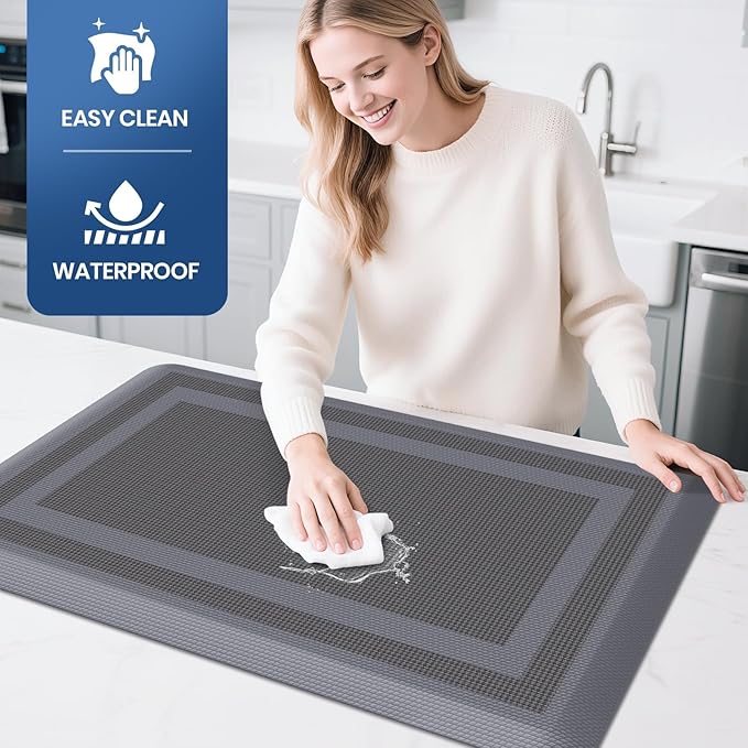 KitchenClouds [2 PCS] Kitchen Rugs Cushioned Anti-Fatigue Kitchen Mats for Floor Waterproof Kitchen Rug Set Non-Slip Comfort Standing Mat for Office, Sink, Laundry 17.3"×29"+17.3"×47", Grey