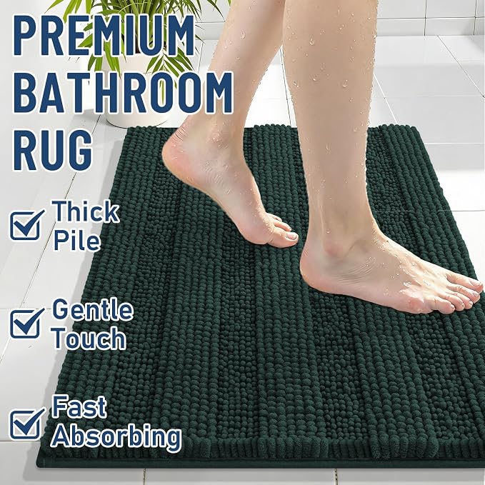Grandaily Chenille Striped Bathroom Rugs 30x20, Extra Thick and Absorbent Bath Mats, Non-Slip Soft Plush Shaggy Shower Carpet, Machine Wash Dry, Bath Rug for Bathroom, (Medium, Dark Green)