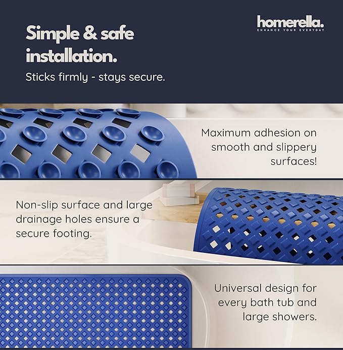 Bathtub Mat Non Slip 35x16 - homerella® Bath Mat Incl. Hooks for Drying, Extra Long, 100% BPA Free, Shower Mat Non Slip Anti Mold, Machine Washable, Shower Mats for Inside Shower Mildew Resistant