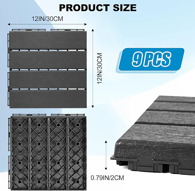 ToLanbbt Plastic Interlocking Deck Tiles 9 Pack 12"x12" Waterproof Indoor Outdoor Composite Patio Flooring Decking Tiles All Weather Use for Patio Porch Balcony Backyard Poolside, Dark Grey