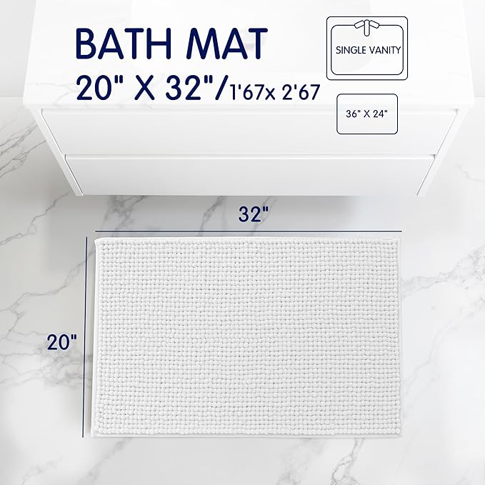 SUBRTEX Bathroom Rugs Chenille Bath Rug Soft Short Plush Bath Mat Soft Shower Mat Water Absorbent Shower Mat Quick Dry Machine Washable (White, 20" x 32")