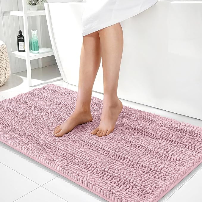 OLANLY Thick Bathroom Runner Rugs 44x24, Extra Absorbent Chenille Striped Bath Rugs, Rubber Backing, Machine Wash Dry, Long Bath Mats for Bathroom, Tub and Shower, Home Decor Accessories, Dusty Rose