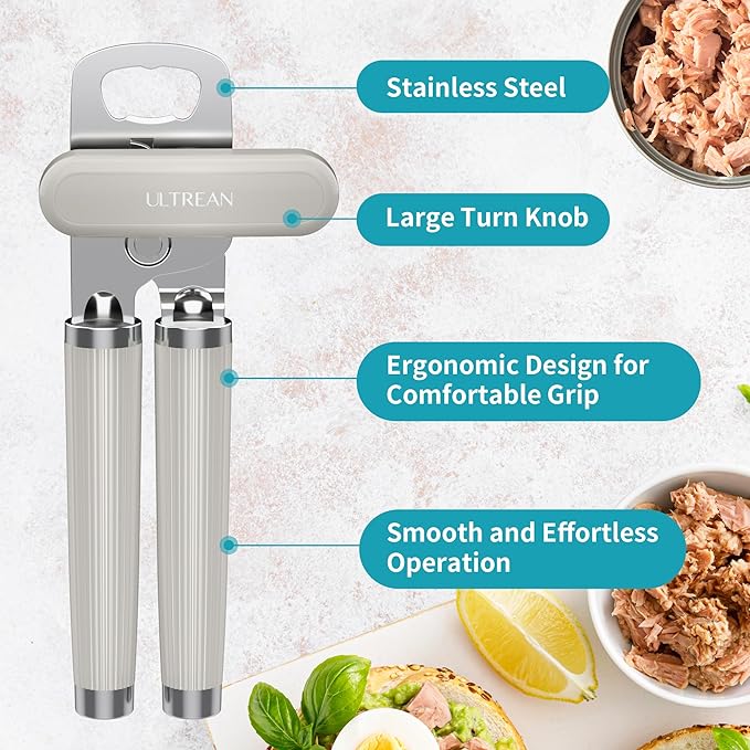 Ultrean Manual Can Opener Bottle Opener, Heavy Duty Stainless Steel Smooth Edge Manual Hand Held Can Opener With Soft Touch Handle, Rust Proof Oversized Handheld Easy Turn Knob (Light Gray)