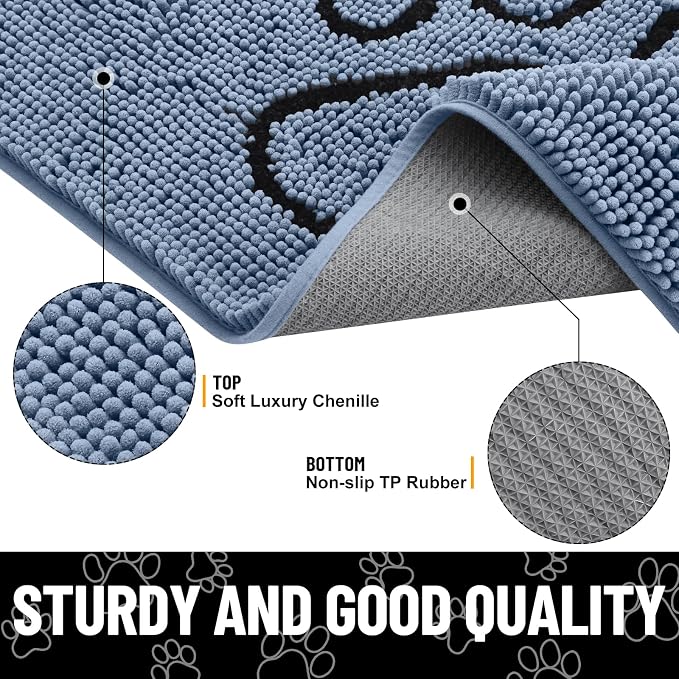 Smiry Dog Door Mat for Muddy Paws, Absorbent Dirt Trapper Non Slip Quick Dry Washable Chenille Mat for Mud Dogs, Entry Rug for Indoor and Outdoor (59x35 Inches, Airy Blue and Black)