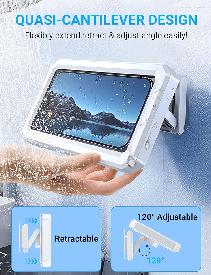 Shower Phone Holder Waterproof【480° Rotatable】Bathroom Cell Phone Holder,Retractable Adjustable Shower Phone Case Holder Mount Stand for Bathroom Wall Phone Mount Stand Waterproof for 4~6.8" Phones