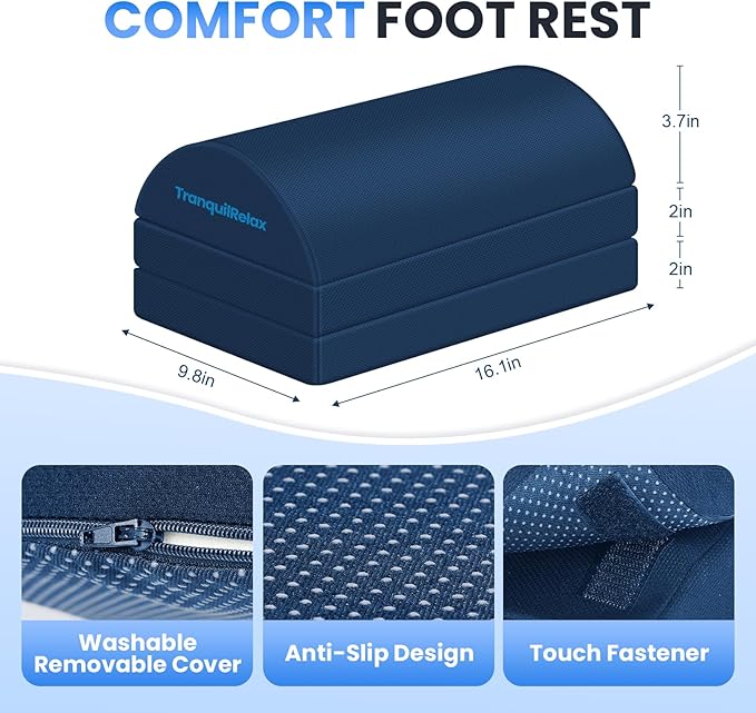 TranquilRelax Foot Rest for Under Desk at Work, Gaming Accessories Foot Stool with 3 Adjustable Heights & Washable Cover, Comfortable Office Desk Accessories, Footrest for Office, Home and Car (Blue)