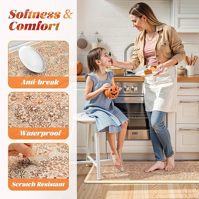 Collive Fall Kitchen Mats Cushioned Anti Fatigue, Vintage Floral Kitchens Rugs Set of 2 Brick Red Non Slip Floor Carpet, Waterproof Sink Mat Foam Comfort Standing Rug for Home Decoration