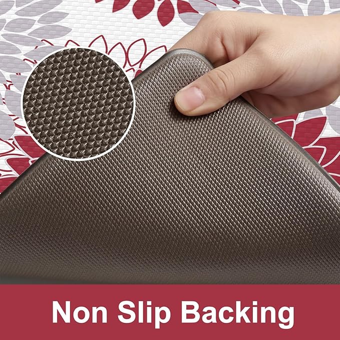 KIMODE Anti Fatigue Kitchen Mat 17.3"x29", Farmhouse Dahlia Padded Kitchen Floor Mats Non Slip, Waterproof Kitchen Mat for Floor, Comfort Standing for Laundry, Office, Sink, Desk Red and Grey