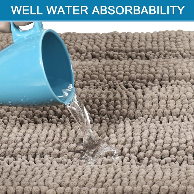 H.VERSAILTEX Bath Mats for Bathroom Non Slip Extra Thick Chenille Striped Bath Rug 24" x 36" Absorbent Non Skid Fluffy Soft Shaggy Rugs Washable Dry Fast Plush Mats for Indoor, Bath Room, Tub - Taupe