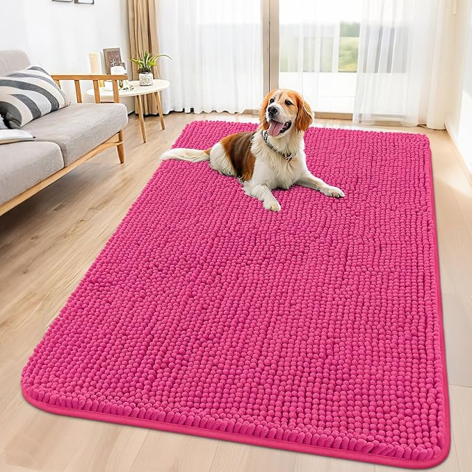 Smiry Dog Door Mat for Muddy Paws 59x35, Absorbent Dirt Trapper, Non-Slip Washable Chenille Entryway Rug for Inside Floor, Hot Pink, Classic Solid