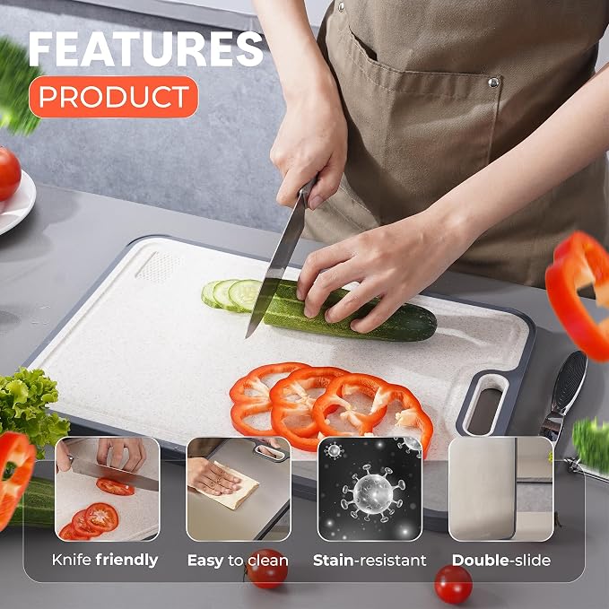 Titanium cutting board for kitchen use. Non-toxic, food-safe, and easy to clean. 2-in-1 double-sided design for meat & veggies. Includes knife sharpener & 2 peelers. Large 16” x 11”.
