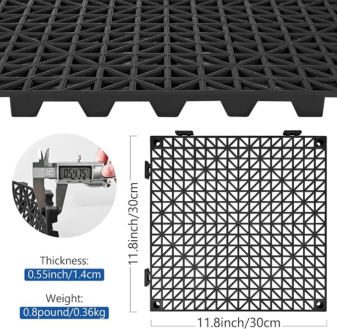 ToLanbbt Modular Interlocking Cushion 48P 11.8" x 11.8" Interlocking Rubber Floor Drain Holes Non-Slip Splicing Drainage Mats for Deck, Shower, Kitchen, Drain Pool, Sauna Bath, Indoor Outdoor (Black)