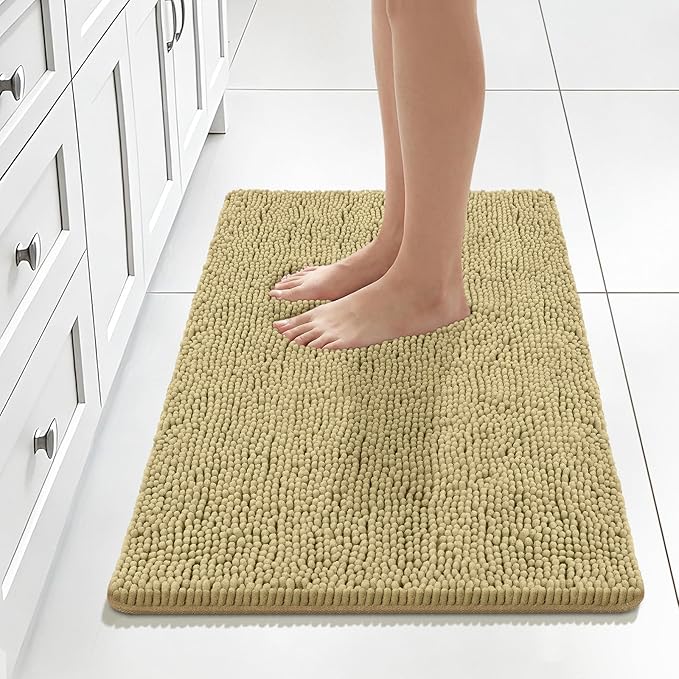 Bcoimo 30x20 Chenille Bath Mat – Non-Slip with Backing Bath Rug Ultra-Absorbent and Machine Washable Bathroom Mat Quick-Dry Design. Ideal for Bathroom Shower and Tub Areas