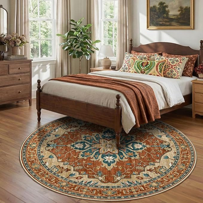 RELEANY Area Rugs Round 8ft Washable Non-Slip, Floral Vintage Distress Medallion Carpet for Living Room Bedroom Dining Room, Red Orange Blue Brown