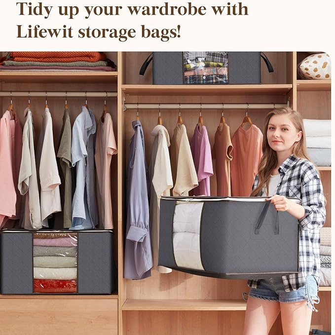 Lifewit 21 Pack 90L Clothes Storage Bins with Lids, Foldable Blanket Storage Bags with Zippers, Clear Window and Reinforced Handles, Closet and Organization for Clothing, Sweater, Comforter, Bedding