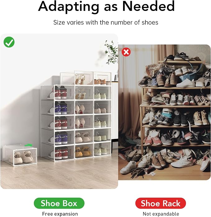 Foluck X-Large Shoe Storage Box, 15 Pack Clear Plastic Stackable Shoe Organizer for Closet, Interlocking Design Shoe Container Bins for Sneakers, Foldable Shoe Rack with Lids, White
