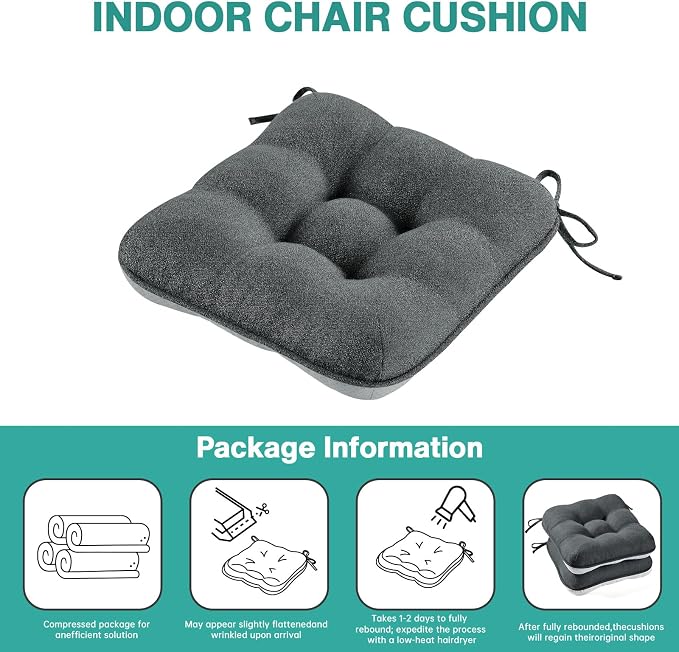 BETU Chair Cushions for Dining Chairs Set of 6,3.5" Thick Kitchen Table Chair Pads with Ties,Non Slip Backing and Covers, Seat Cushion for Dining Room,Bar,Patio Chairs,15.5"X15.5"X3.5",Dark Grey