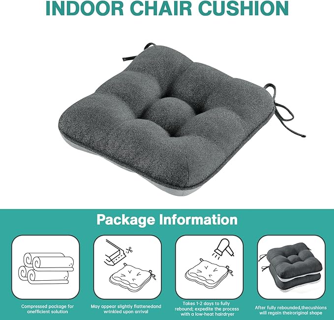 BETU Chair Cushions for Dining Chairs Set of 2,3.5" Thick Kitchen Table Chair Pads with Ties,Non Slip Backing and Covers, Seat Cushion for Dining Room,Bar,Patio Chairs,15.5"X15.5"X3.5",Dark Grey