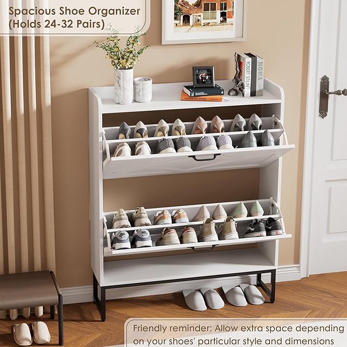 Nicetree Shoe Storage Cabinet with 2 Flip Drawers, Freestanding Shoe Organizer, Shoe Cabinet with Metal Legs, Narrow Shoe Rack Cabinet, Farmhouse Slim Shoe Cabinet for Entryway, Foyer, Hallway, White
