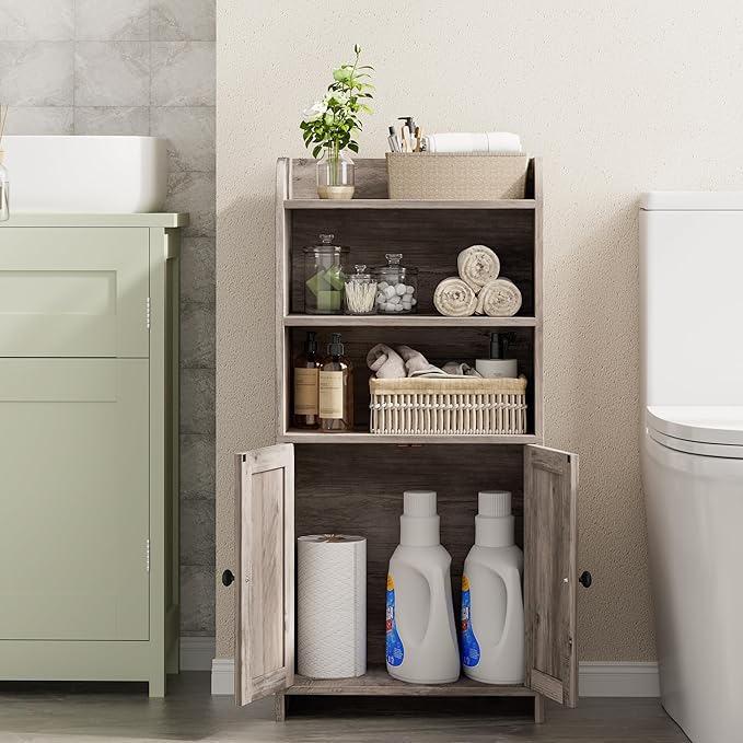 Homhedy Small Bathroom Storage Cabinet, Freestanding Toilet Paper Storage with 2 Doors and Shelves, Bathroom Organizers and Storage for Small Spaces, Laundry Room, 7.9" D x 14.6" W x 31" H, Greige