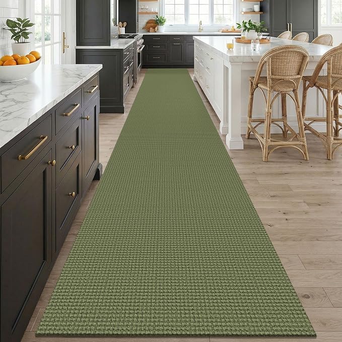 KOZYFLY 3x20 Runners Rugs for Hallway, Extra Long Washable Runner Rug, Non Slip Rubber Backed Kitchen Runner, Cotton Entryway Rug, Floor Carpet for Entry, Aisle, Hall, Olive Green/Earthy Green